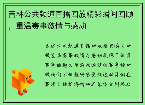 吉林公共频道直播回放精彩瞬间回顾，重温赛事激情与感动
