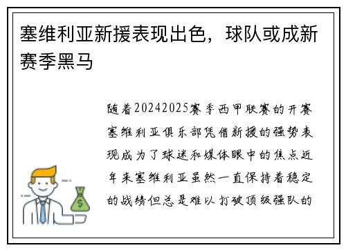 塞维利亚新援表现出色，球队或成新赛季黑马