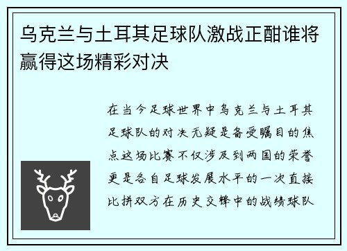 乌克兰与土耳其足球队激战正酣谁将赢得这场精彩对决